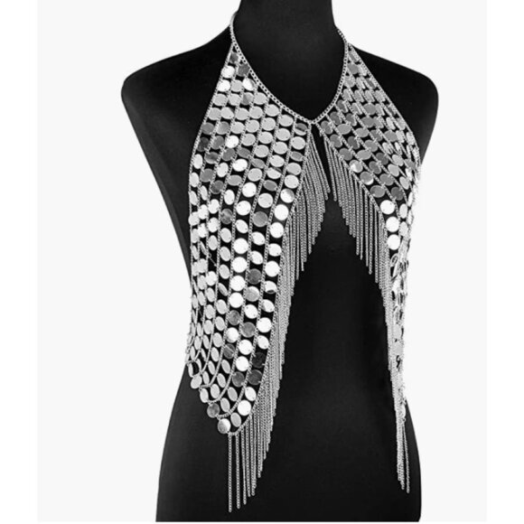 Silver Holographic AB Sequin Chain Tassel Body Jewelry Rave Halter Crop Top - Picture 4 of 8